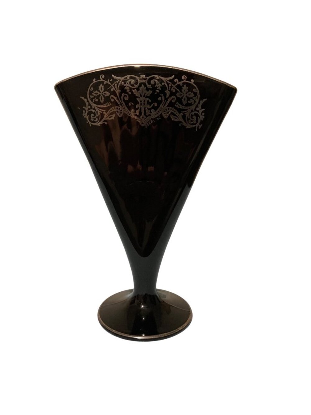 Tiffin Black Amethyst Art Deco Glass Silver Overlay Fan Vase 1930's